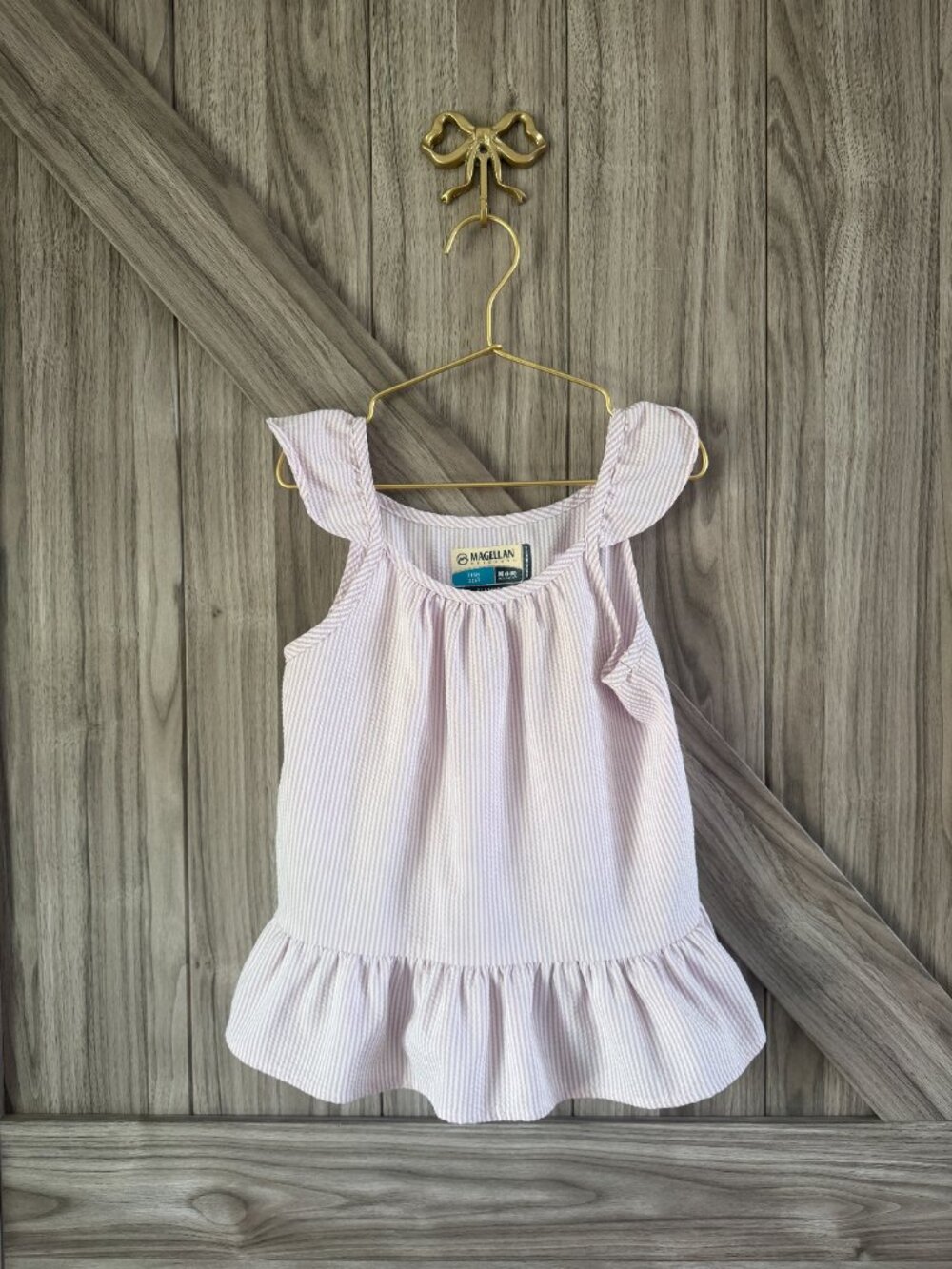 Magellan Outdoors Girls Pink & White Seersucker Ruffle Tank Top